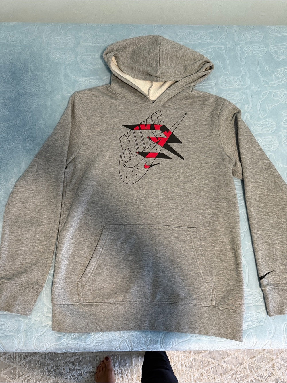 Nike Gray Hoodie with Red and Black Swoosh Graphic